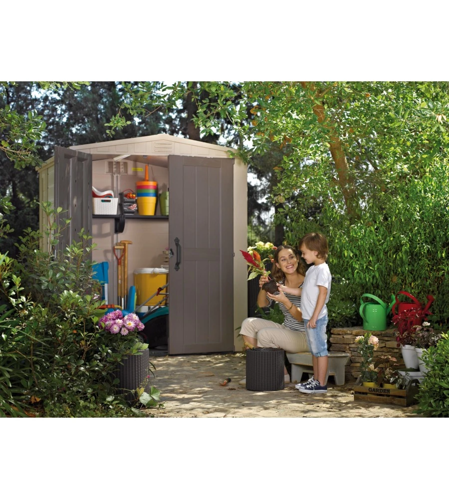 CASETTA DA GIARDINO KETER "FACTOR 6x6" IN RESINA COLORE BEIGE CON PORTA BATTENTE DOPPIA 178X195,5X208 CM